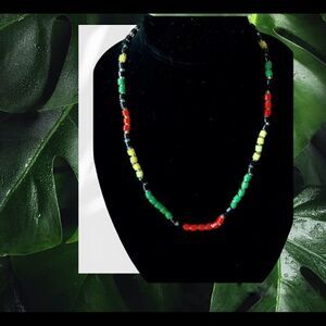 Vintage hand blown glass bead red-green-yellow-black clear  necklace 22”L